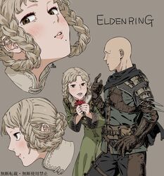  1boy arched_back armor bald blonde_hair braid brown_eyes cape chinese_text dress elden_ring embarrassed eyeliner female gloves highres kamezaemon knife leather leather_armor leather_gloves looking_at_viewer makeup mole mole_under_mouth open_mouth patches_(from_software) puckered_lips rya_(elden_ring) simple_background throwing_knife twin_braids weapon 