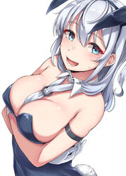  absurdres animal_ears black_leotard blue_eyes blush breasts cleavage fake_animal_ears fake_tail female grey_hair hair_between_eyes highres kantai_collection kiritto large_breasts leotard long_hair looking_at_viewer one_side_up open_mouth playboy_bunny rabbit_ears rabbit_tail simple_background solo suzutsuki_(kancolle) tail upper_body white_background 