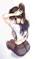  arms_up artist_name ass back black_pantyhose blush brown_hair dated female from_behind hair_tie hair_tie_in_mouth high-waist_pantyhose highres invisible_chair legs_together long_hair looking_at_viewer looking_back mouth_hold neckerchief no_pants original panties panties_under_pantyhose pantyhose ponytail profile purple_eyes sailor_collar school_uniform serafuku shirt short_sleeves signature sitting solo tel-o tying_hair underwear white_panties white_shirt yellow_neckerchief 