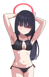  armpits bare_arms bare_shoulders bikini black_bikini black_hair blue_archive blush breasts closed_mouth commentary_request cowboy_shot female hair_over_eyes halo highres justice_task_force_member_(blue_archive) long_hair medium_breasts navel nyaru_(nyaru_4126) red_eyes red_halo simple_background solo swimsuit white_background 