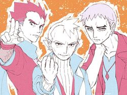  3boys closed_mouth fingernails grey_hair jacket jewelry koga_(pokemon) long_sleeves male_focus multiple_boys nanu_(pokemon) necklace p-40_(tukinosita-de) pokemon pokemon_hgss pokemon_lgpe pokemon_sm pryce_(pokemon) shirt short_hair short_sleeves spiked_hair sweater turtleneck turtleneck_sweater 