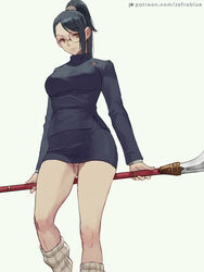  artist_name asymmetrical_bangs black_hair breasts brown_eyes female glasses high_ponytail highres holding holding_weapon jujutsu_kaisen jujutsu_tech_uniform large_breasts long_hair looking_at_viewer panties pantyshot patreon_logo patreon_username pencil_skirt simple_background skirt solo standing thighs underwear upskirt weapon web_address white_panties zefrableu zen&#039;in_maki 