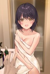  1boy accidental_pervert black_hair blurry blurry_background blush breasts brown_eyes collarbone commentary_request depth_of_field female groin hair_between_eyes indoors kuzumochi_(kuzumochiya) looking_at_viewer medium_breasts naked_towel navel open_mouth original solo_focus towel wet wet_hair 