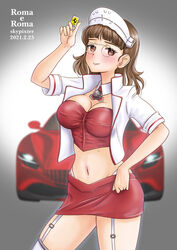  absurdres alternate_costume artist_name blush breasts brown_eyes brown_hair car character_name cleavage closed_mouth commentary_request cropped_jacket dated eyewear_strap female ferrari garter_straps glasses gradient_background headdress highres holding jacket kantai_collection large_breasts lips motor_vehicle name_connection navel pince-nez red_skirt roma_(kancolle) short_hair simple_background skirt skypixter solo sports_car thighhighs white_jacket white_thighhighs 