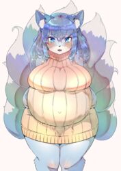  9_tails absurd_res anthro belly big_breasts biped black_nose black_whiskers blue_body blue_ears blue_eyes blue_fur blue_hair blue_inner_ear blue_tail blush breasts canid canine clothed clothing colored curvy_figure cute_fangs digital_media_(artwork) dipstick_ears dipstick_tail dress ear_markings fangs female female_anthro fluffy fluffy_tail fox front_view fully_clothed fur glistening glistening_hair hair hand_on_belly hi_res holding_belly inner_ear_fluff kemono looking_at_viewer mammal markings monotone_hair multi_tail multicolored_ears multicolored_tail navel navel_outline open_mouth open_smile outie_navel portrait pregnant pregnant_anthro pregnant_female ribbed_clothing ribbed_sweater shaded shikibetsuko simple_background smile solo standing sweater sweater_dress tail tail_markings tan_clothing tan_dress tan_sweater tan_topwear teeth three-quarter_portrait tongue topwear tuft two_tone_ears two_tone_tail voluptuous whiskers white_background white_body white_ears white_fur white_inner_ear_fluff white_tail wide_hips 