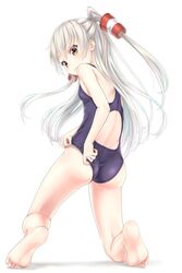  alternate_costume amatsukaze_(kancolle) ass barefoot blue_one-piece_swimsuit closed_mouth commentary_request feet female from_behind gotou_hisashi grey_hair hair_tubes highres kantai_collection legs long_hair looking_at_viewer one-piece_swimsuit school_swimsuit soles swimsuit toes two_side_up white_background white_hair windsock yellow_eyes 