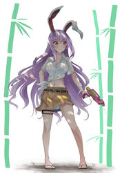  absurdres animal_ears blush breasts brown_skirt buttons collared_shirt female flip-flops full_body hair_between_eyes highres holding holding_water_gun large_breasts legs light_purple_hair long_hair navel open_mouth otomeza_ryuseigun pleated_skirt rabbit_ears red_eyes reisen_udongein_inaba sandals shirt short_sleeves skirt solo standing toes touhou water_gun wet wet_clothes wet_shirt white_background white_shirt 