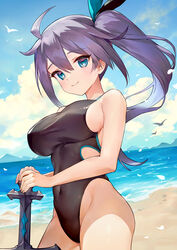  ahoge ainy beach bird black_one-piece_swimsuit blue_eyes blue_ribbon blue_sky breasts character_request closed_mouth cloud commentary_request covered_navel day female hair_between_eyes hair_ribbon highres holding holding_sword holding_weapon large_breasts long_hair looking_at_viewer ocean ochikobore_ryuukishi_bahamut_ni_hitomebore_sareru one-piece_swimsuit outdoors purple_hair ribbon sky smile solo swimsuit sword thighhighs thighs weapon 