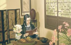  234_(1234!) 2boys absurdres animal_ear_fluff animal_ears bad_id bad_twitter_id black_hair blurry book cat_boy cat_ears chinese_clothes closed_eyes cup depth_of_field flower folding_screen green_eyes highres holding holding_book indoors ink_wash_painting lattice lolicon long_hair long_sleeves luo_xiaohei luo_xiaohei_(human) luo_xiaohei_zhanji mooncake multiple_boys open_book open_mouth painting_(object) pink_flower reading shadow short_hair table teapot white_hair wide_sleeves window wuxian_(the_legend_of_luoxiaohei) 