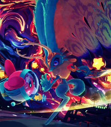  absurdres antlers copy_ability dodging energy_gun fecto_elfilis head_wings highres horns kirby kirby_(series) kirby_and_the_forgotten_land looking_at_another multicolored_sky no_humans polearm radio_tower ranger_kirby ray_gun red_eyes sky space_ranger_kirby spear spoilers star_(symbol) suyasuyabi tail weapon wings 