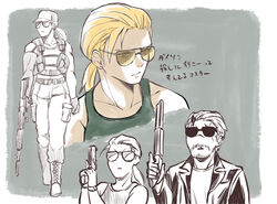  2boys belt boots collarbone commentary_request facial_hair full_body gloves green_shirt gun handgun hat holding holding_gun holding_weapon kazuhira_miller looking_to_the_side low_ponytail male_focus mature_male metal_gear_(series) metal_gear_solid multiple_boys multiple_views partially_colored ponytail prosthesis prosthetic_arm serious shirt sodayabp stubble sunglasses tank_top upper_body venom_snake walking weapon 