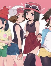  4boys :o beanie blush bracelet brown_eyes brown_hair calem_(pokemon) collared_shirt commentary_request cosplay crossdressing elio_(pokemon) eyewear_on_headwear green_shorts hand_on_another&#039;s_hip hat heart highres hilbert_(pokemon) hilda_(pokemon) hilda_(pokemon)_(cosplay) jewelry looking_at_viewer male_focus multiple_boys nail_polish nate_(pokemon) open_mouth pantyhose pink_headwear pleated_skirt pokemon pokemon_bw pokemon_bw2 pokemon_sm pokemon_xy red_headwear red_skirt rosa_(pokemon) rosa_(pokemon)_(cosplay) sana_(37pisana) selene_(pokemon) selene_(pokemon)_(cosplay) serena_(pokemon) serena_(pokemon)_(cosplay) shirt short_hair short_shorts short_sleeves shorts skirt sleeveless sleeveless_shirt sunglasses teeth thighhighs tongue tongue_out upper_teeth_only vest white_headwear wristband yellow_shirt yellow_shorts zettai_ryouiki 