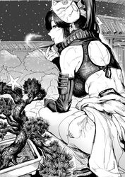  arm_guards armor bonsai bra breasts breath cup female fox_mask from_behind from_side greyscale high_ponytail highres holding holding_cup ichiren_takushou japanese_clothes large_breasts long_hair looking_at_viewer looking_back mask mask_on_head monochrome original plant potted_plant scar scar_on_arm scar_on_back scar_on_face shuriken smile snowing solo squatting thighs tongue tongue_out tree underwear wall weapon 