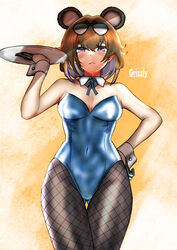  absurdres animal_ears ass_visible_through_thighs bear_ears blue_leotard blush breasts brown_hair character_name covered_navel detached_collar eyewear_on_head female fishnets frown girls&#039;_frontline gloves grizzly_mkv_(girls&#039;_frontline) hair_between_eyes half_gloves hand_on_own_hip highres leotard looking_at_viewer medium_breasts medium_hair meimushi pantyhose playboy_bunny purple_eyes solo thigh_gap tray wrist_cuffs 