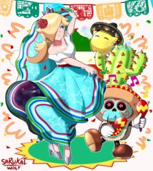  absurdres blonde_hair blue_dress blue_eyes breasts brown_footwear cactus calavera cleavage confetti crown dancing dress earrings female flower hat high_heels highres instrument jewelry long_dress looking_to_the_side luma_(mario) maracas mario_(series) mexican_dress mexican_flag musical_note papel_picado poncho rosalina rose sarukaiwolf silver_footwear skirt_hold skull smile sombrero super_mario_odyssey tostarenan 