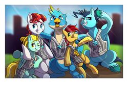  3:2 armor avian beak blue_eyes border equid equine fan_character feral friendship_is_magic gallus_(mlp) green_eyes group gryphon hasbro hi_res hooves lightning_dust_(mlp) littletigressda male mammal my_little_pony mythological_avian mythological_creature mythological_equine mythology one_eye_closed open_mouth pegasus smile white_border wings wink yellow_eyes 