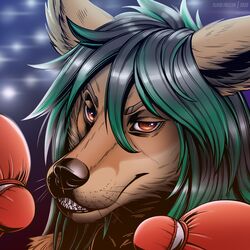  1:1 2020 ambiguous_gender anthro artist_name audlin black_hair boxing_gloves brown_body brown_fur brown_nose bust_portrait canid canine canis cheek_tuft chin_tuft clothing coyote dated facial_tuft fur green_hair hair handwear icon looking_at_viewer mammal multicolored_hair portrait red_eyes simple_background slash_freezen solo tan_body tan_fur teeth tuft two_tone_hair whiskers 