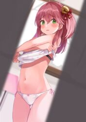  absurdres ahoge ass_visible_through_thighs bell black_bra blurry blurry_foreground blush bow bra bra_peek camisole camisole_lift clothes_lift commentary cowboy_shot depth_of_field female green_eyes hair_between_eyes hairbow haru_yu highres hololive indoors jingle_bell lifting_own_clothes long_hair looking_at_viewer navel one_side_up panties parted_lips pink_hair pink_ribbon pov red_bow ribbon sakura_miko side-tie_panties sleeveless solo stomach thigh_gap underwear undressing virtual_youtuber white_panties 