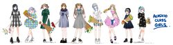  6+girls absurdres alternate_costume aqua_eyes arare_(kancolle) arashio_(kancolle) arms_behind_back asagumo_(kancolle) asashio_(kancolle) bad_id bad_twitter_id beret black_footwear black_hair black_headwear bouquet bow braid brown_hair closed_eyes dated double_bun dress floral_print flower gingham grey_hair hair_between_eyes hair_bun hair_ribbon hairband hairbow hat highres hirai_sabu holding holding_bouquet kantai_collection kasumi_(kancolle) long_hair michishio_(kancolle) minegumo_(kancolle) multiple_girls ooshio_(kancolle) open_mouth ponytail ribbon shirt shoes short_sleeves short_twintails sidelocks simple_background skirt smile sneakers socks standing striped_clothes striped_skirt twintails unmoving_pattern white_background white_footwear white_shirt yamagumo_(kancolle) 