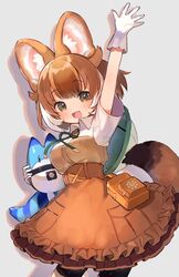  animal_ears bike_shorts bike_shorts_under_skirt black_shorts blush brown_hair brown_shirt brown_skirt collared_shirt commentary_request cowboy_shot dhole_(kemono_friends) dog_ears dog_girl dog_tail female gloves green_eyes high-waist_skirt highres kemono_friends kemono_friends_3 lucky_beast_(kemono_friends) multicolored_hair noamem official_alternate_costume shirt shorts skirt smile tail two-tone_hair two-tone_shirt uniform waving white_gloves white_hair white_shirt 