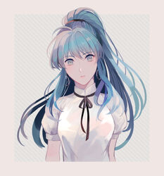  alternate_costume alternate_hairstyle blue_eyes blue_hair border earrings eirika_(fire_emblem) female fire_emblem fire_emblem:_the_sacred_stones fire_emblem_heroes jewelry kabitakamaboko long_hair looking_at_viewer muted_color ponytail shirt short_sleeves solo striped striped_background upper_body very_long_hair white_border 