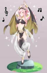  absurdres alternate_costume armlet arms_up artist_name bare_shoulders blush braid breasts bridal_gauntlets cleavage closed_mouth dancer dancing female fire_emblem fire_emblem_awakening fire_emblem_heroes full_body grass grey_background hairband highres long_hair medium_breasts midriff musical_note navel official_alternate_costume olivia_(fire_emblem) olivia_(performing_arts)_(fire_emblem) pelvic_curtain pink_eyes pink_hair ponytail rock sarukaiwolf side_braid simple_background smile solo sparkle standing standing_on_one_leg twin_braids underboob 