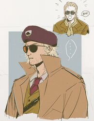  ... 1boy :d age_comparison beret blonde_hair coat english_commentary english_text facial_hair grimace hat kazuhira_miller male_focus mature_male metal_gear_(series) metal_gear_solid_v:_the_phantom_pain multiple_views necktie open_mouth parted_lips red_necktie res_(spkofthdvl) shirt smile spoken_ellipsis sunglasses upper_body vest white_shirt 