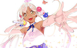  armpits breasts dark-skinned_female dark_skin elbow_gloves female gloves hair_ornament halterneck holding holding_microphone hololive hololive_english kaniko_(tsukumo_sana) large_breasts light_brown_hair limiter_(tsukumo_sana) long_hair looking_at_viewer microphone official_art open_mouth outstretched_arm pako_(pakosun) planet_hair_ornament shirt simple_background sleeveless sleeveless_shirt smile solo sparkle tsukumo_sana tsukumo_sana_(1st_costume) twintails very_long_hair virtual_youtuber white_background white_shirt yellow_eyes 