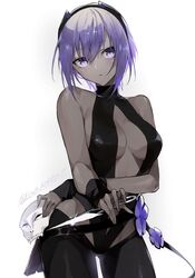  bare_shoulders black_gloves black_hairband black_leotard breasts center_opening colored_skin dark-skinned_female dark_skin fate/prototype fate/prototype:_fragments_of_blue_and_silver fate_(series) female fingerless_gloves gloves grey_skin hairband hassan_of_serenity_(fate) highres kino_kokko kunai leggings leotard looking_at_viewer mask medium_breasts navel purple_eyes purple_hair short_hair sidelocks solo very_dark_skin weapon 