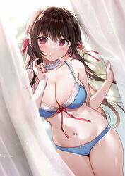  :3 bare_arms bare_shoulders blue_bra blue_panties bra breasts brown_hair choker cleavage closed_mouth commentary curtain_grab curtains female frilled_choker frills front-tie_bra front-tie_top hair_ribbon large_breasts long_hair looking_at_viewer navel nishizawa original panties plump red_eyes ribbon skindentation smile solo spaghetti_strap stomach string_bra thighs underwear underwear_only 