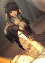  au_ra black_eyes black_hair breasts cosplay crown dutch_angle eyeliner female final_fantasy final_fantasy_xiv hair_ornament hide_(hideout) highres horns makeup necromancer_(final_fantasy) necromancer_(final_fantasy)_(cosplay) scales solo warrior_of_light_(ff14) 