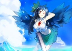  arm_behind_head arm_cannon arm_up armpits bird_wings black_hair blue_sky bow breasts cannon cleavage control_rod feathered_wings feathers female green_skirt grin hairbow highres long_hair medium_breasts navel red_eyes reiuji_utsuho sinzan skirt sky smile solo swimsuit third_eye touhou weapon wings 