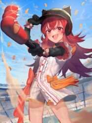  :d animal_ears_helmet arm_up baseball_helmet baseball_uniform black_gloves black_headwear blue_sky center_frills cloud commentary_request confetti day elbow_gloves fangs female frills gloves hair_between_eyes helmet highres holding idolmaster idolmaster_shiny_colors komiya_kaho long_hair open_mouth outdoors outstretched_arm puffy_short_sleeves puffy_sleeves red_eyes red_hair sand shirt short_shorts short_sleeves shorts sky smile solo sportswear stadium striped_clothes striped_shirt striped_shorts ukimesato v-shaped_eyebrows vertical-striped_clothes vertical-striped_shirt vertical-striped_shorts very_long_hair white_shirt white_shorts 