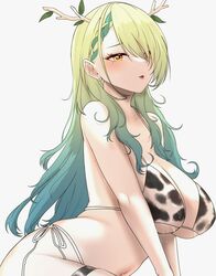  animal_print antlers bare_shoulders bikini blush braid braided_bangs branch breasts ceres_fauna cleavage collarbone cow_print cow_print_bikini female green_hair highres hololive hololive_english horns lactation lactation_through_clothes large_breasts long_hair looking_at_viewer mole mole_under_eye navel parted_lips print_bikini solo swimsuit thigh_strap tinnies virtual_youtuber white_background white_bikini yellow_eyes 