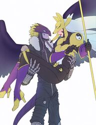  1boy absurdres armor ass beelzebumon beelzebumon_blast_mode belt black_bodysuit black_jacket black_wings blonde_hair blush bodysuit breasts buckle carrying claws colored_skin commentary_request covered_collarbone covered_eyes cowboy_shot detached_sleeves digimon digimon_(creature) embarrassed facial_mark feathered_wings female floating_hair fox_mask fur-trimmed_jacket fur_trim gauntlets gloves green_eyes grey_hair grin high_heels highres holding holding_staff jacket lipstick long_hair looking_at_another makeup mask medium_breasts nose_blush open_clothes open_jacket open_mouth princess_carry purple_legwear purple_lips purple_sleeves ramune_b sakuyamon short_hair simple_background smile staff standing stirrup_legwear straight tail teeth third_eye toeless_legwear twintails very_long_hair white_background wings yellow_armor yellow_footwear yin_yang yin_yang_print zipper 