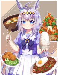  :t absurdres animal_ears black_bow black_hair blue_eyes blue_shirt blush bow bowl breasts broccoli carrot cherry_tomato closed_mouth commentary croquette cucumber cucumber_slice eating egg_(food) female food fried_egg grey_hair highres holding holding_bowl holding_spoon horse_ears horse_girl kaoling mashed_potatoes miso_soup multicolored_hair oguri_cap_(umamusume) pasta peas pleated_skirt puffy_short_sleeves puffy_sleeves purple_hair rice rice_bowl school_uniform shirt short_sleeves shrimp skirt small_breasts solo spoon tomato tracen_school_uniform two-tone_hair umamusume yakisoba 