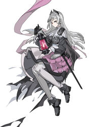  ankle_boots arknights black_footwear black_gloves boots closed_mouth earrings expressionless female front-seamed_legwear full_body gloves grey_eyes grey_hair gun hair_ornament head_wings highres holding holding_lantern irene_(arknights) jewelry lantern layered_skirt long_hair long_sleeves pantyhose puffy_long_sleeves puffy_sleeves purple_skirt scar scar_across_eye scar_on_face seamed_legwear sheath sheathed skirt solo sword weapon white_pantyhose white_skirt wings wusebuhui 