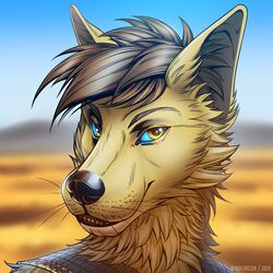  1:1 2020 anthro artist_name black_nose blue_sclera brown_hair bust_portrait canid canine canis cheek_tuft clothed clothing dated dessert facial_tuft food fur glistening glistening_eyes glistening_nose hair jackal looking_at_viewer male mammal neck_tuft outside portrait siber_(thegoldenjackal) signature slash_freezen smile solo tan_body tan_fur teeth tuft yellow_eyes 