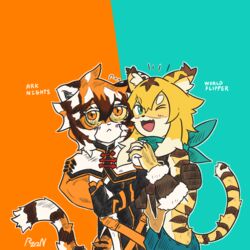  1:1 2020 anthro arknights black_body black_fur black_hair clothed clothing countershading cygames duo felid female fingers fur green_eyes hair hypergryph kemono looking_at_viewer mammal mia_(world_flipper) multicolored_body multicolored_fur multicolored_hair open_mouth orange_body orange_fur orange_hair pantherine plygon_gt studio_montagne tiger waaifu_(arknights) white_body white_fur white_hair world_flipper yellow_body yellow_fur 