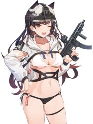  ;d alternate_costume animal_ears atago_(azur_lane) atago_(space_atago)_(greyeth)_(azur_lane) azur_lane bad_id bad_pixiv_id bikini black_bikini black_choker black_hair breasts brown_eyes choker cleavage commentary cowboy_shot dog_ears dolphenry extra_ears female floating_hair gun hand_on_own_hip hat holding holding_gun holding_weapon hood hood_down long_hair long_sleeves looking_at_viewer medium_breasts military_hat mismatched_bikini mole mole_under_eye navel o-ring o-ring_bikini one_eye_closed open_mouth shrug_(clothing) sidelocks sig_mpx sig_sauer simple_background skindentation smile solo standing stomach submachine_gun swept_bangs swimsuit teeth thigh_strap trigger_discipline underboob upper_teeth_only weapon white_background white_bikini white_sleeves 