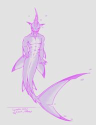  2023 5_fingers anthro blacktip_reef_shark carcharhinus digital_media_(artwork) drawtober ear_fins empty_eyes english_text fin fin_hair fingers fish hand_on_hip hi_res human_torso konani looking_at_viewer male marine multicolored_body muscular nude pseudo_hair purple_body reef_shark requiem_shark shark smile solo spooptober teeth text two_tone_body white_body 