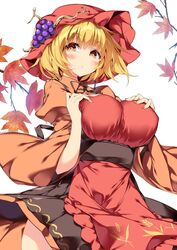  aki_minoriko autumn_leaves breasts female food food-themed_hat_ornament fruit grape_hat_ornament grapes hat hat_ornament highres large_breasts leaf leaf_hat_ornament sakurame short_hair solo touhou white_background yellow_eyes 