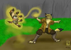  2023 adventure adventurer after_transformation anthro black_nose brown_body brown_fur brown_hair claws duo electuroo_(artist) eye_scar facial_scar fantasy feral feral_transformation fluffy fur gnoll hair hi_res hybrid hyena magic male mammal orange_eyes pawpads paws ra&#039;zim scar tail tan_body tan_fur toe_claws transformation 