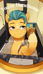  absurd_res badge bathroom cellphone detailed_background earth_pony electronics equid equine feral hasbro hi_res hitch_trailblazer_(mlp) holding_cellphone holding_object holding_phone holding_smartphone hooves horse inside leg_markings male mammal marenlicious markings mirror mirror_reflection mirror_selfie mlp_g5 my_little_pony phone pony public_restroom reflection sash selfie sheriff_badge smartphone smile socks_(marking) text turquoise_hair 