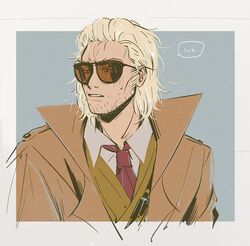  1boy blonde_hair border coat collared_shirt facial_hair kazuhira_miller looking_afar male_focus mature_male metal_gear_(series) metal_gear_solid_v:_the_phantom_pain mullet necktie orange-tinted_eyewear parted_lips red_necktie res_(spkofthdvl) shirt simple_background solo stubble sunglasses sweat tinted_eyewear upper_body vest white_border white_shirt 