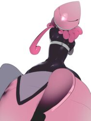  absurdres back bad_id bad_pixiv_id bandeau bare_shoulders black_skin colored_skin commentary female from_behind from_below hat highres long_hair pink_hair pink_hat pokemon pokemon_(creature) sidelocks simple_background solo tapu_lele tlqkf white_background white_bandeau 