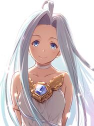  ahoge bare_shoulders blue_eyes blue_hair breasts choker closed_mouth collarbone dress face female gem granblue_fantasy highres kiikii_(kitsukedokoro) long_hair looking_at_viewer lyria_(granblue_fantasy) portrait small_breasts smile solo upper_body white_background white_dress 