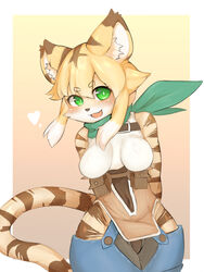  2020 3:4 anthro blonde_hair blush breasts clothed clothing cygames felid female female_anthro fur green_eyes hair hi_res kemono looking_at_viewer mammal mia_(world_flipper) open_mouth p_kiwi pantherine portrait scarf solo stripes three-quarter_portrait tiger world_flipper yellow_body yellow_fur 