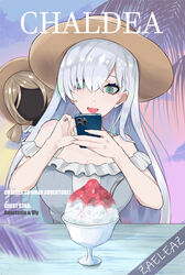  anastasia_(fate) anastasia_(swimsuit_archer)_(fate) anastasia_(swimsuit_archer)_(first_ascension)_(fate) breasts cellphone commentary doll dress english_commentary fate/grand_order fate_(series) female fingernails food hair_over_one_eye hat highres jaheterbang large_breasts long_hair phone shaved_ice smartphone spoon straw_hat sundress taking_picture twilight viy_(fate) white_hair 