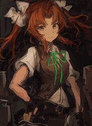  absurdres ahoge black_gloves black_skirt black_vest blue_eyes female fingerless_gloves gloves green_ribbons hair_ribbon highres kagerou_(kancolle) kagerou_kai_ni_(kancolle) kantai_collection long_hair moor neck_ribbon orange_hair pleated_skirt ribbon rigging shirt short_sleeves sidelocks skirt solo twintails vest white_shirt 